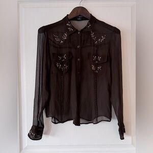 Joseph Chocolate Silk Sheer Blouse with Embellishments